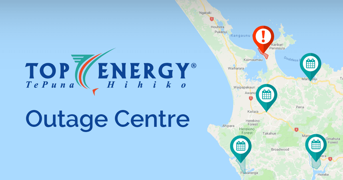 Top Energy Outage Centre map of Northland with planned and unplanned outages